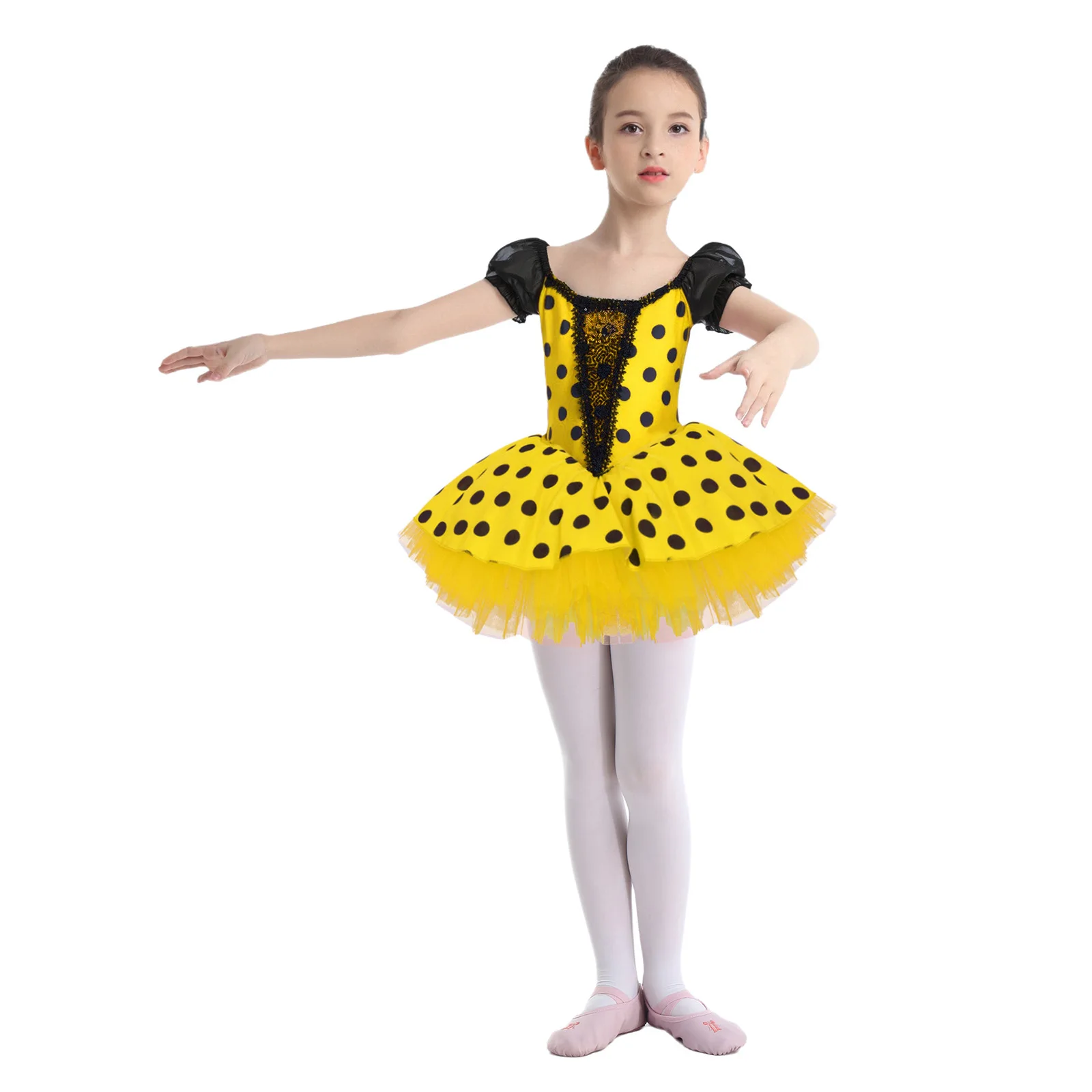 

Kids Girls Lyrical Figure Skating Dance Dress Short Puff Sleeve Shiny Sequins Dots Tutu Dress for Ballet Latin Dance Performance