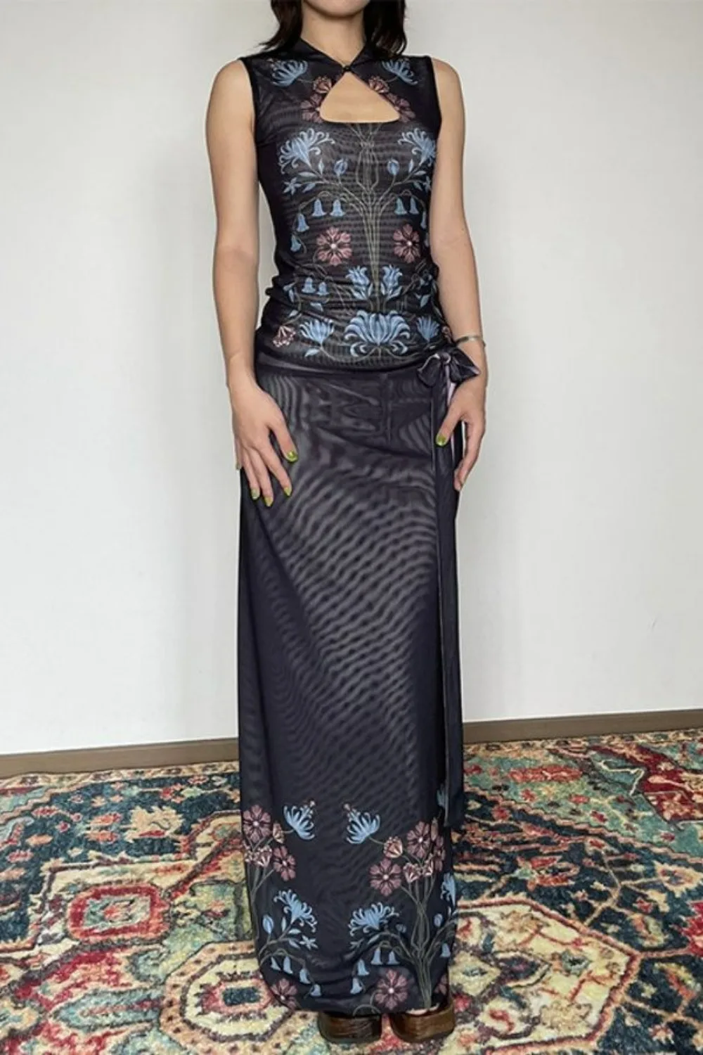 Yin Yang Qipao Set Reversible Floral Sheer Slip Black Qipao Two Piece Outfit Modern Dynasty Evening Wear Dualistic Harmony Aesth