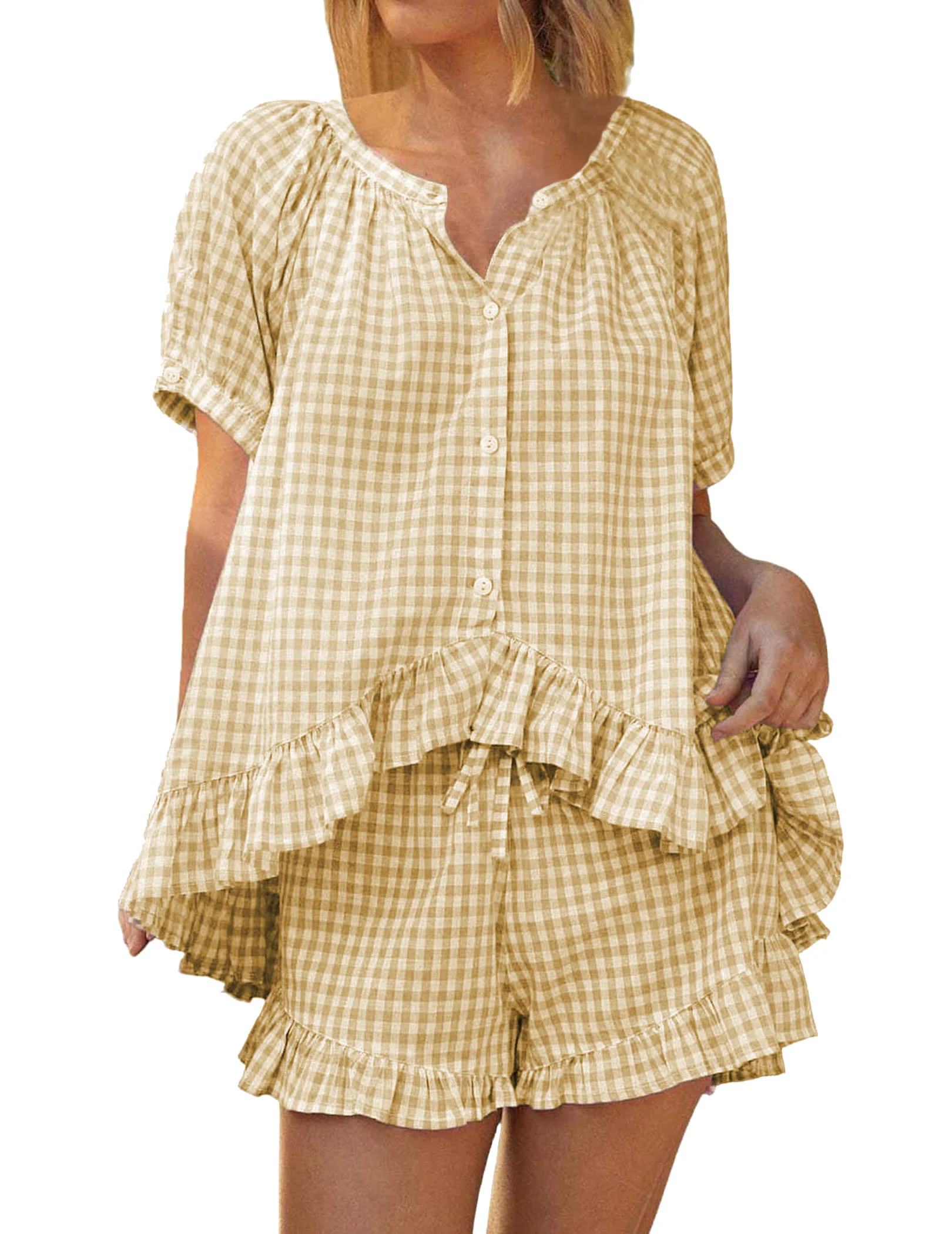 

Женский комплект из 2 предметов: пижама с рюшами и клетчатым узором, с коротким рукавом, на пуговицах (хаки, размер L)