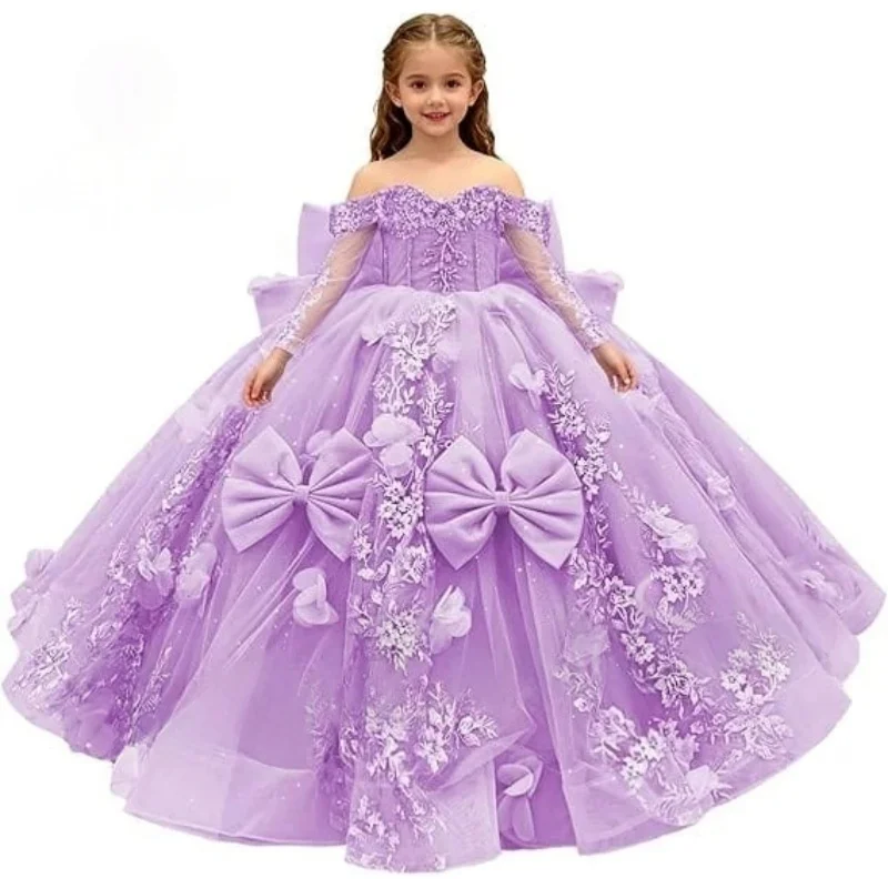 Custom Flower Girl Dress for Wedding First Christmas Party with Off Shoulder Design Floral Embroidery Large Bow Accents and Sequ