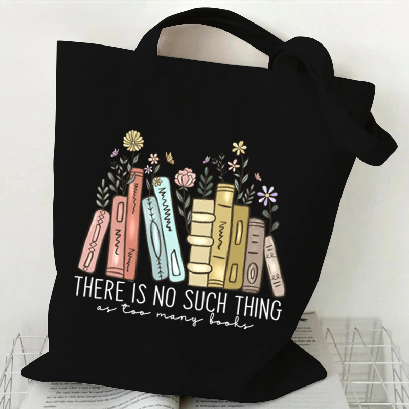 Books and Flower Print Handbag Women Casual Canvas Portable Shoulder Bag \