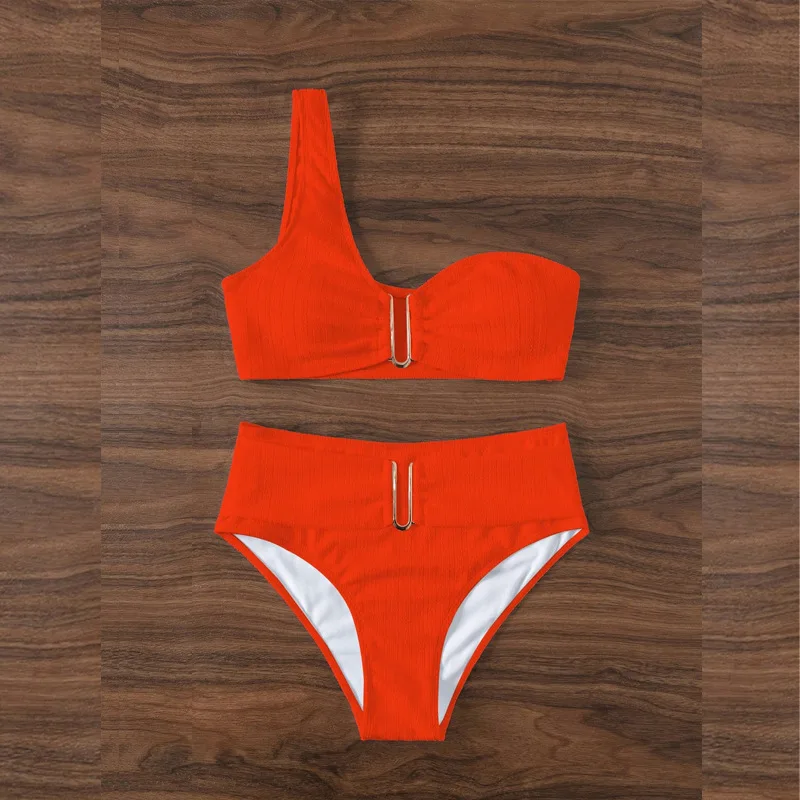 Cikini-One Shoulder High Waisted Bikinis Set for Women, Two-Piece Beach Swimwear, Sexy Swimsuit, Plain Bathing Suit, Summer