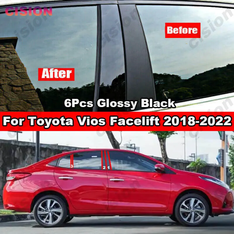 6x Window Door Column B C Pillar Post Cover Trim For Toyota Vios Facelift Yaris Ativ 2018-2022 Glossy Blac Mirror Effect Sticker