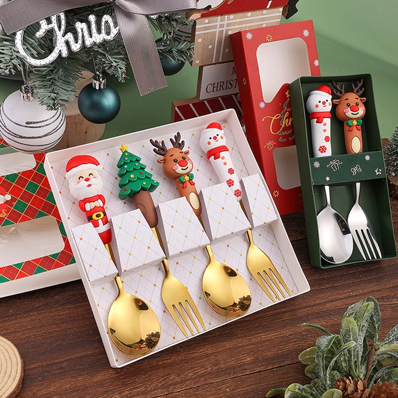 4Pcs Christmas Fork And Spoon Set,Stainless Steel Creative Tableware,Coffee Tea Dessert Forks And Spoons Christmas/NewYear Gift