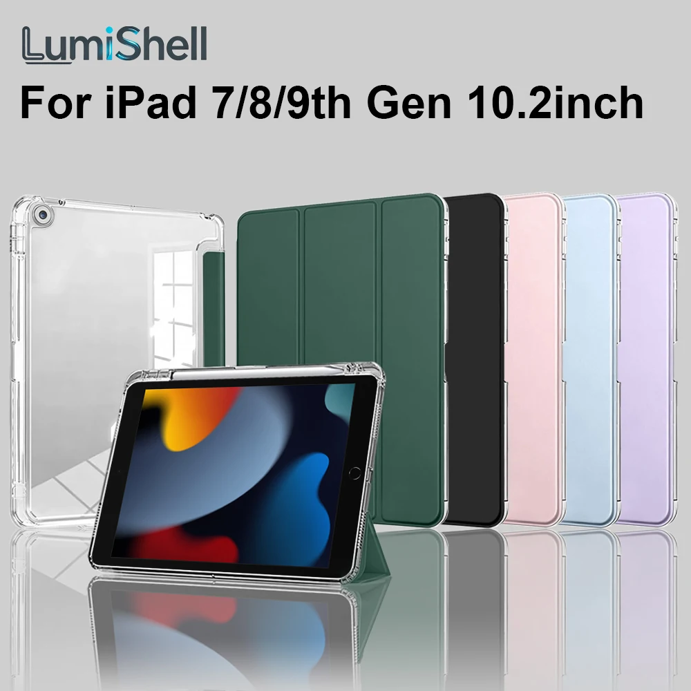Clear Case For iPad 9/8/7th Generation 10.2inch 2021/2020/2019 Cover With Pencil Holder, Tri-Folding PU Leather Cover