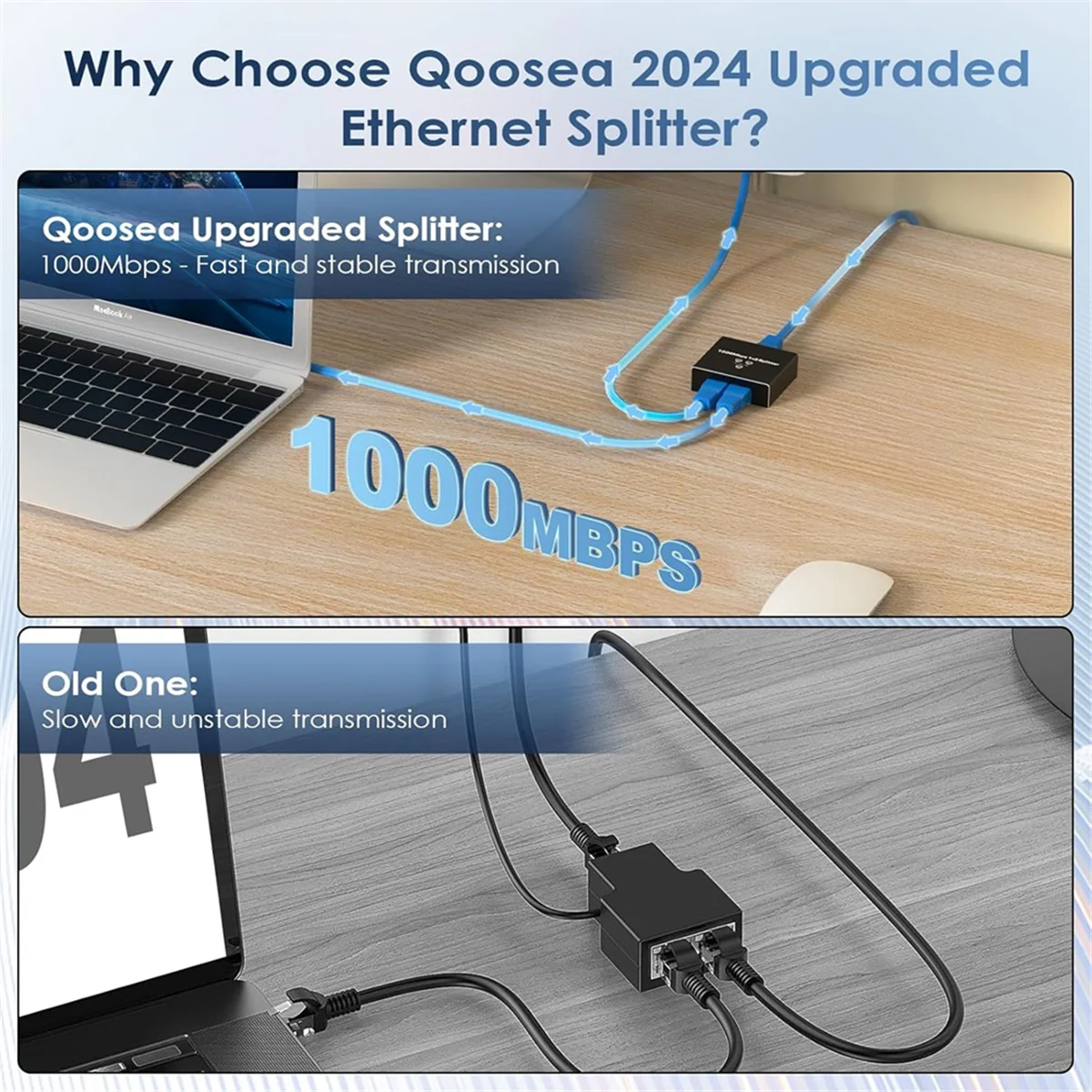 A03R Ethernet Splitter 1 to 2 High Speed Ethernet Switch 1000Mbps 2 Port Gigabit Ethernet Splitter Splitter with Power Cord