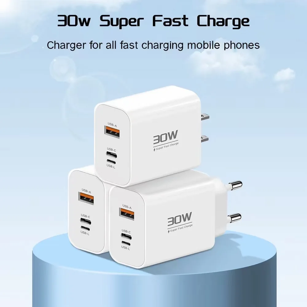 30W 3Ports USB C Charger Fast Charging Power Adapter for iPhone 15 14 13 Samsung Xiaomi Huawei Quick Charge 3.0 Wall Charger