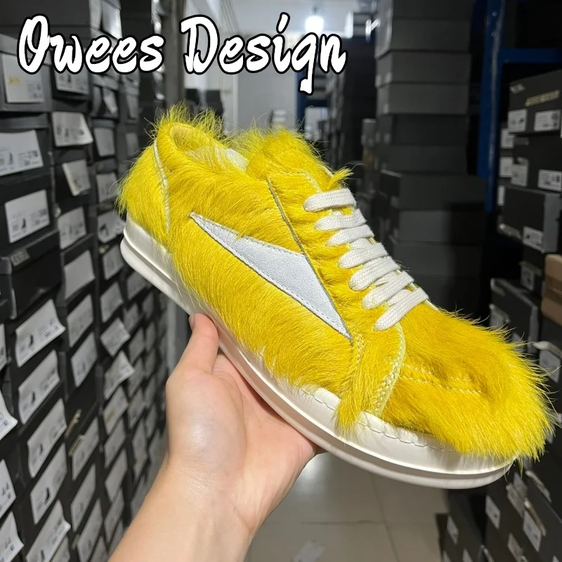 

Brnad Women Horsehair Sneakers Winter Men Casual Shoes Genuine Leather Lace Up Luxury Trainers High Street Loafers Flats Shoes