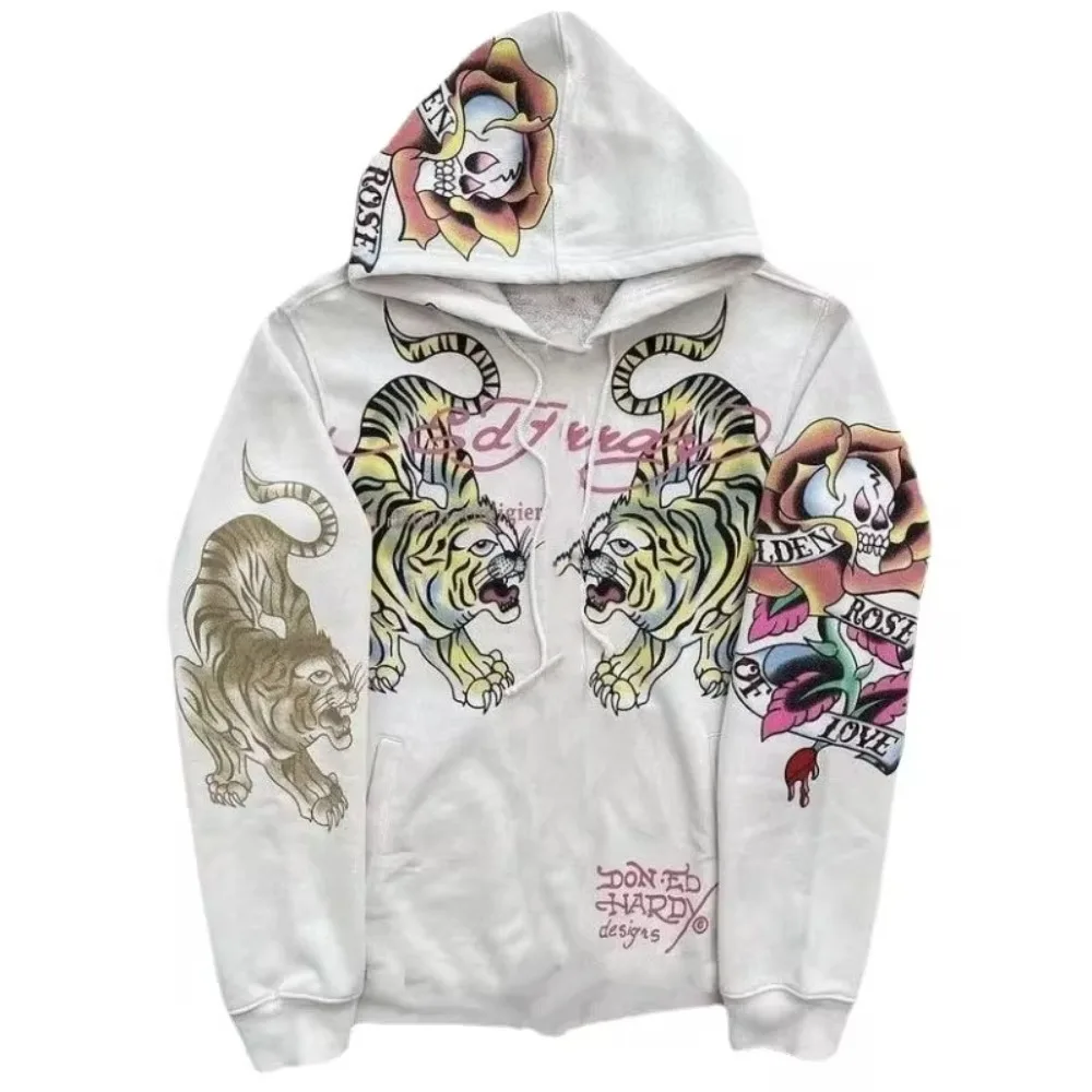 American retro hooded sweater for men and women couple models skull lazy wind print hooded long-sleeved zipper hooded sweater