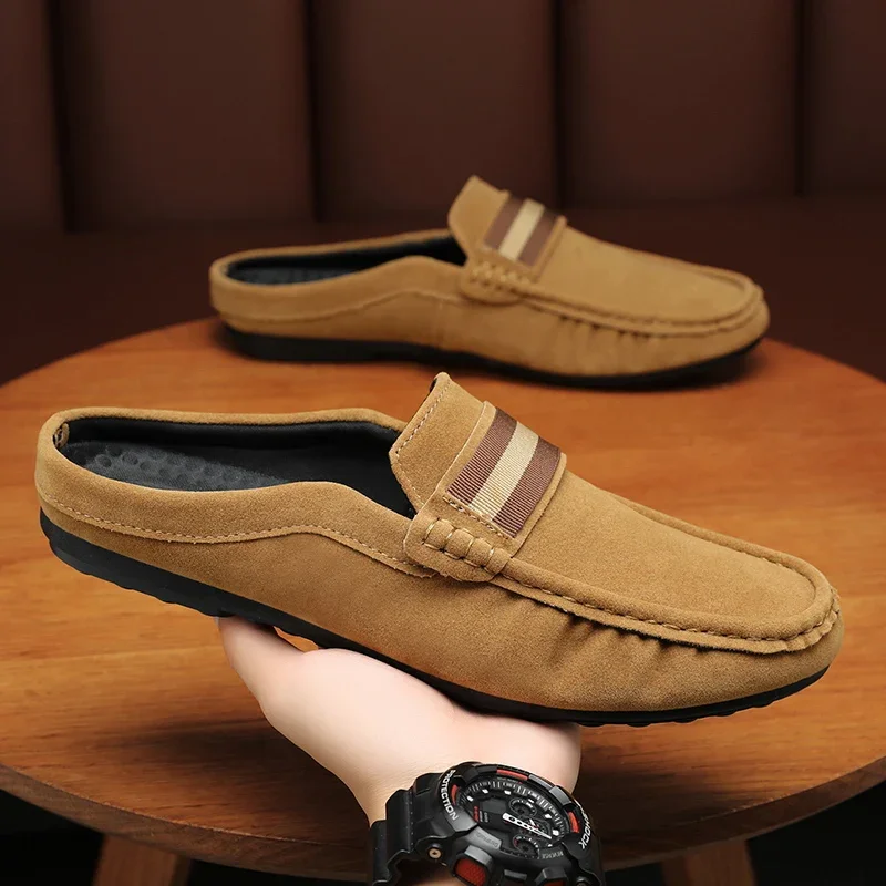 High Quality Leather Men Casual Shoes Half Slippers Mens Loafers Breathable Comfortable Walking Shoes Slip-on Driving Shoes