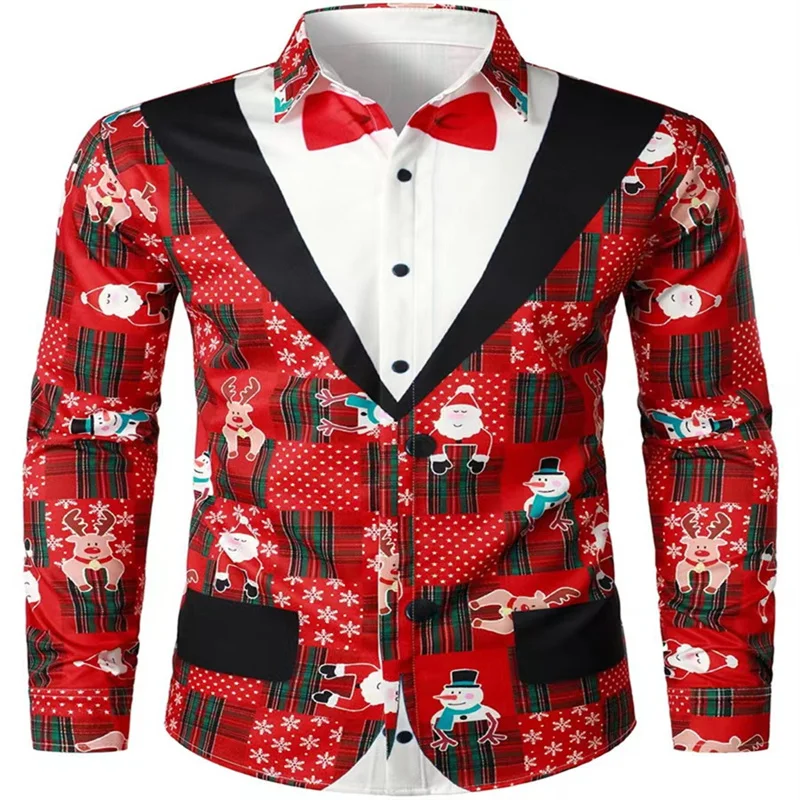 

2024 Christmas elements series new personality fashion trend lapel long sleeve printed all-match large size shirt