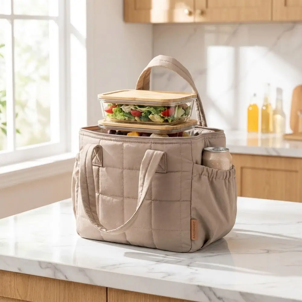 Multi-Purpose Solid Color Quilted Lunch Bag Portable Thickened Insulated Handbag Durable Large Capacity Food Thermal Box Travel