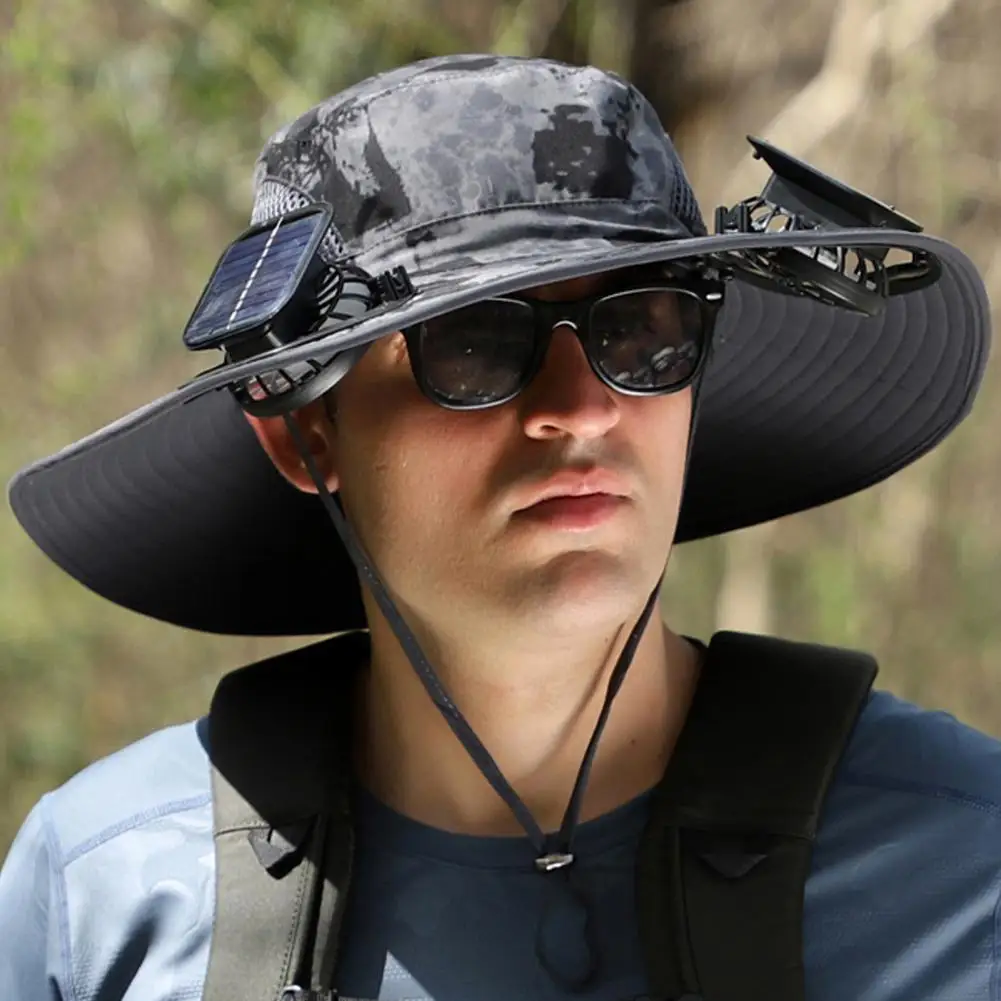 

Outdoor Sun Hat with 2 Fan Large Brim Windproof Strap Solar or USB Charging Anti UV Sun Outdoor Fishing Camping Cap