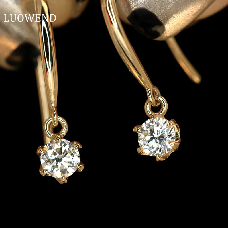 LUOWEND 18K Yellow Gold Earrings Fashion Shiny Style Real Natural Diamond Drop Earrings for Women High Party Jewelry