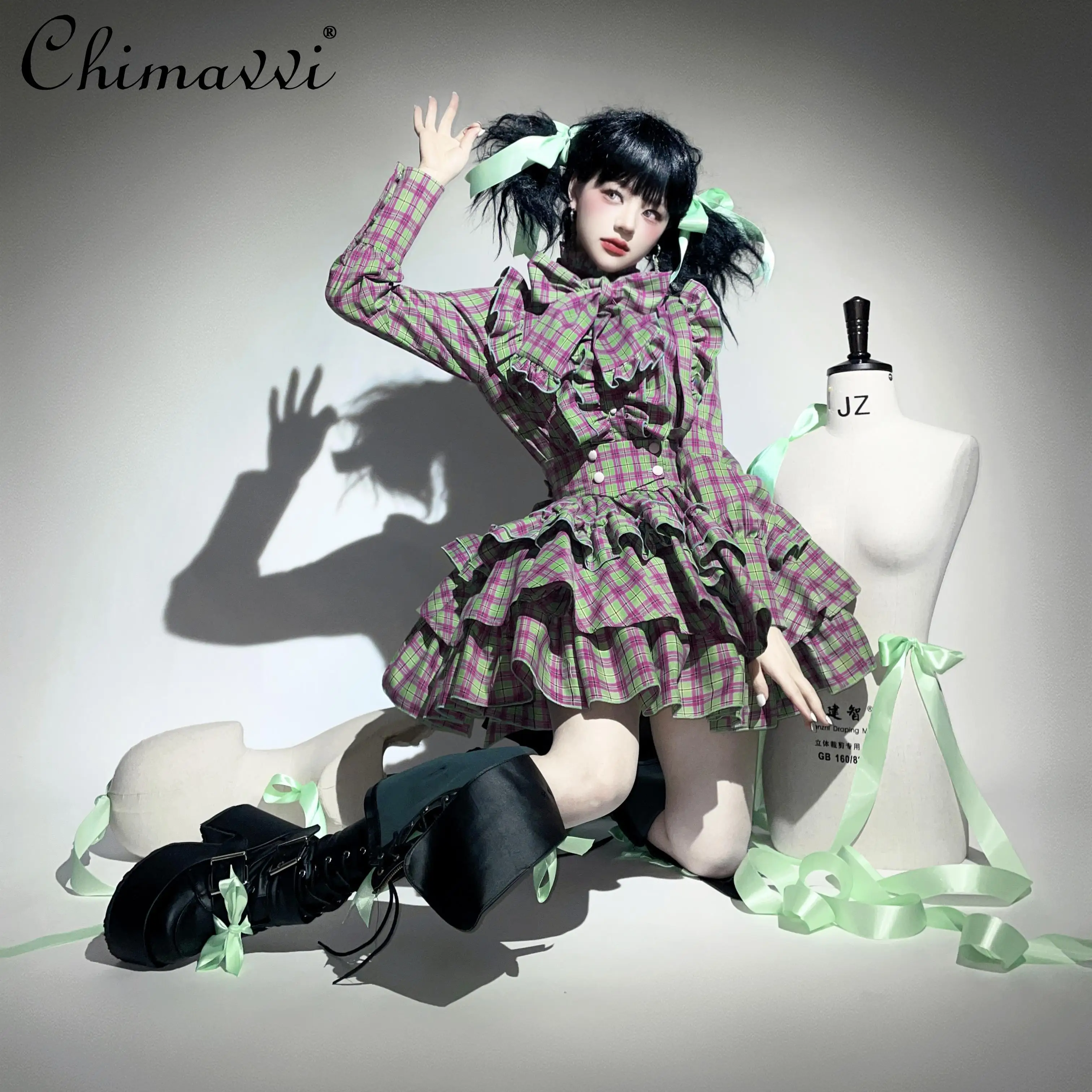 2025 Spring and Autumn New Gothic Plaid Suit Fashion Long Sleeve Cute Bow Shirt High Waist Skirt Sets Lolita Two-piece Set