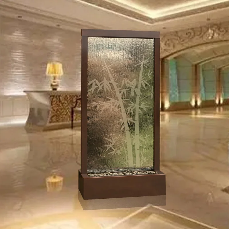 Modern Outdoor Stainless Steel Tempered Glass Waterfall Fountain Movable Panel Design Marine Life Theme Color Changing Lighting