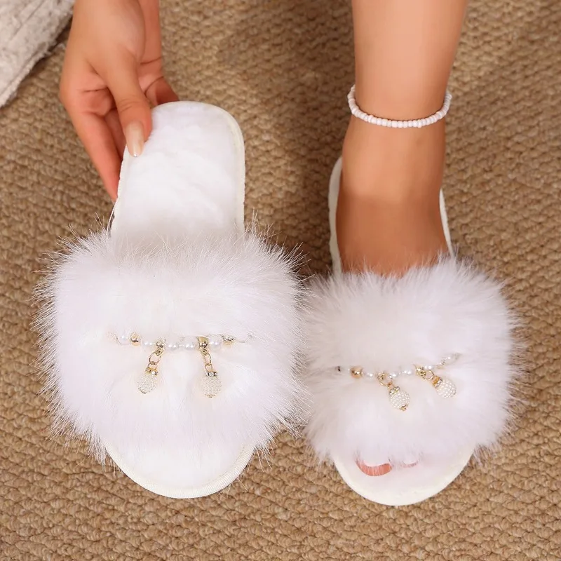 Women Sandals Real Fox Fur Slides Fluffy Slippers Ladies Summer Diamond Chain Flip Flops Beach Shoes Indoor Furry Slippers