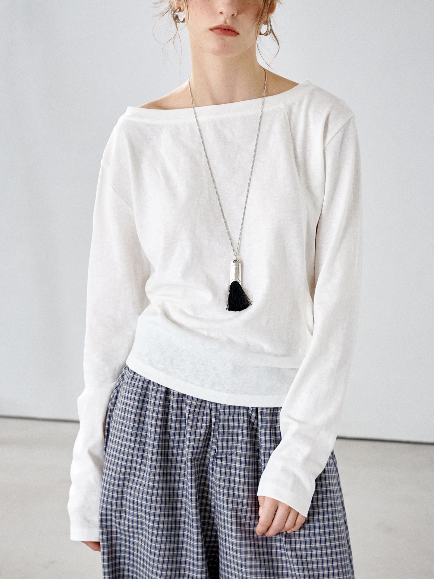 Women's Knitted Mixed Fiber Long Sleeve T-Shirt Shoulder Baring Comfortable Soft Casual Style Inner And Outer Versatile Wear