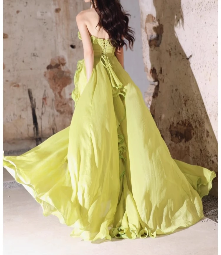 green strapless sleeveless elegant women dress lace-up summer holiday party clothing lady ruffles maxi vestidos bodycon