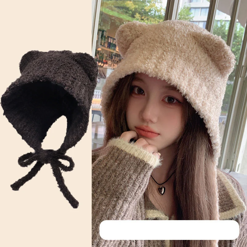 

Winter warm Harajuku Y2k Beanies Knitted Hat Women Lace Up Warm Thick Hip Hop Skullcap Short Hat Unisex Basic Cap Bomber