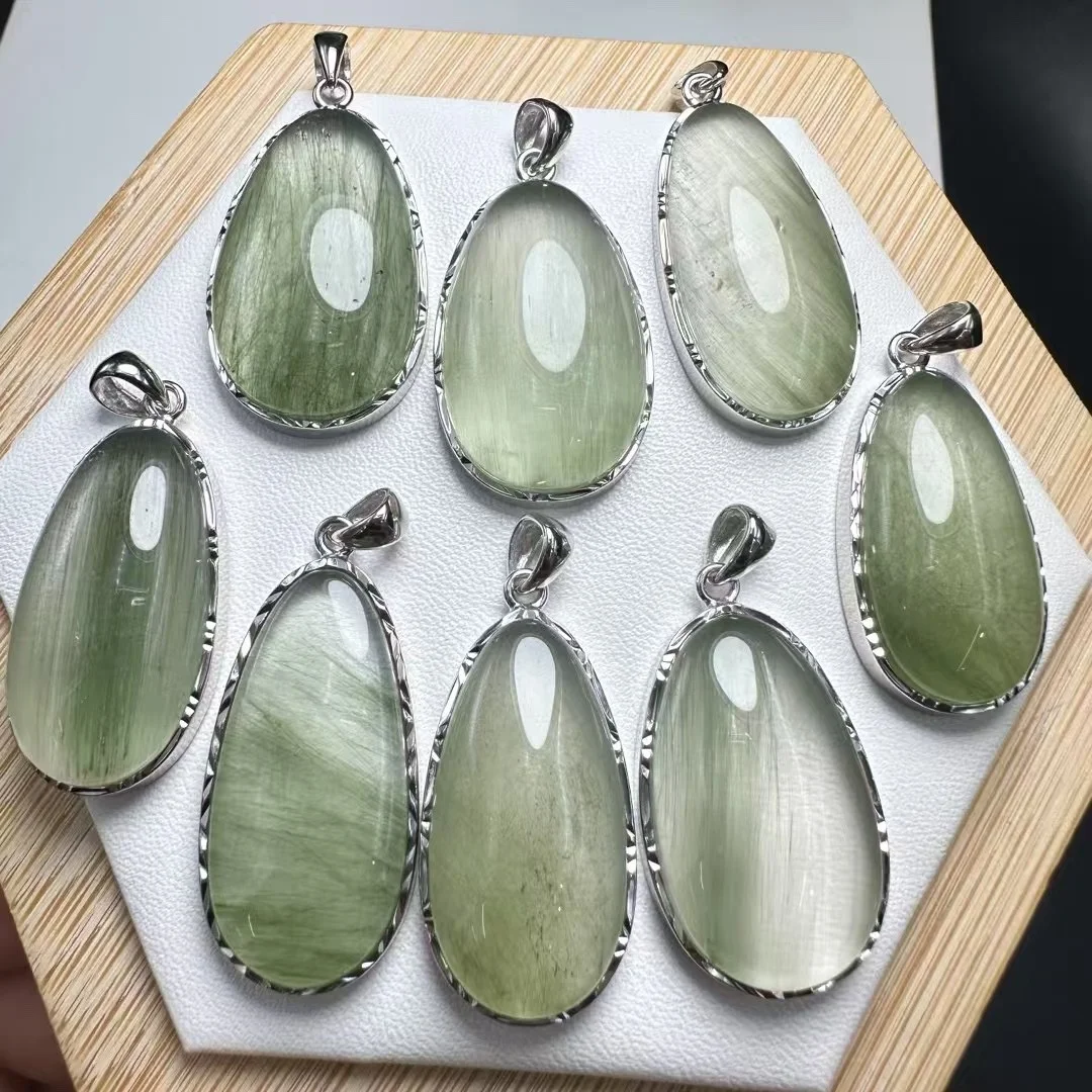 

1Pc Natural Green Rabbit Hair Rutilated Quartz Pendant Water Drop 925 Sterling Silver Reiki Healing Stone Jewelry Women