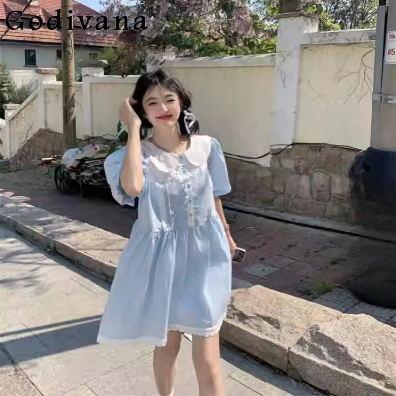 

Large Size Spring Summer Female Sweet Korean Age Reduction College Embroidery Dress Bow Peter Pan Collar Lace Splicing Dresses