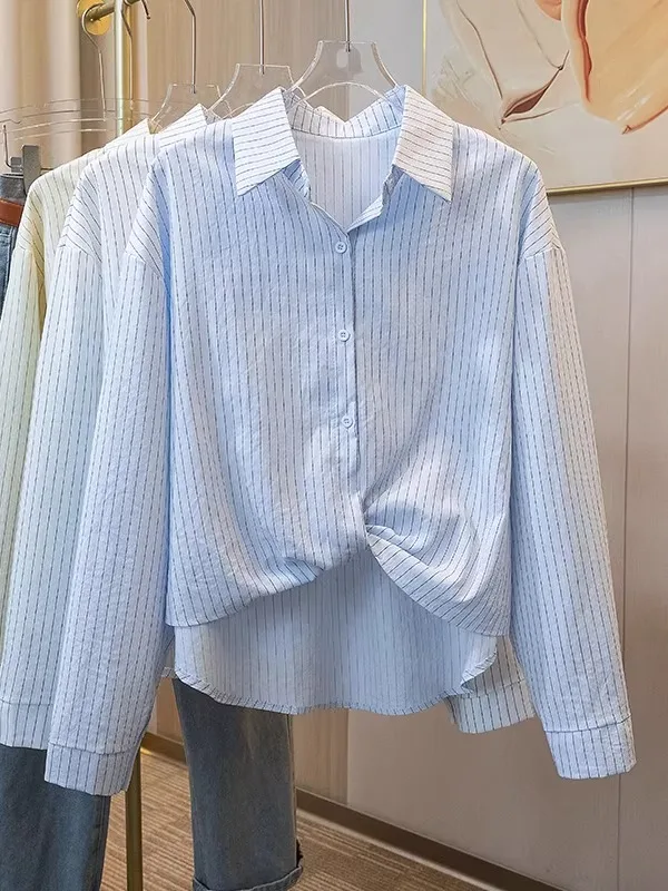 

Женский повседневный топ больших размеров в сине-белую полоску, весенне-осенний свободный повседневный топ для поездок на работу, длинный свек стандартного кроя, женский irt