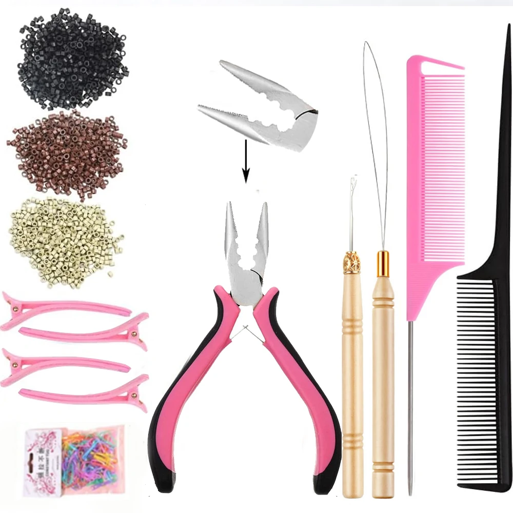 Hair Tinsel Beads Kit, Plier Hook Needle Tool with 300 Silicone Micro Beads for Human Hair Hand Sewing Wig DIY Craft