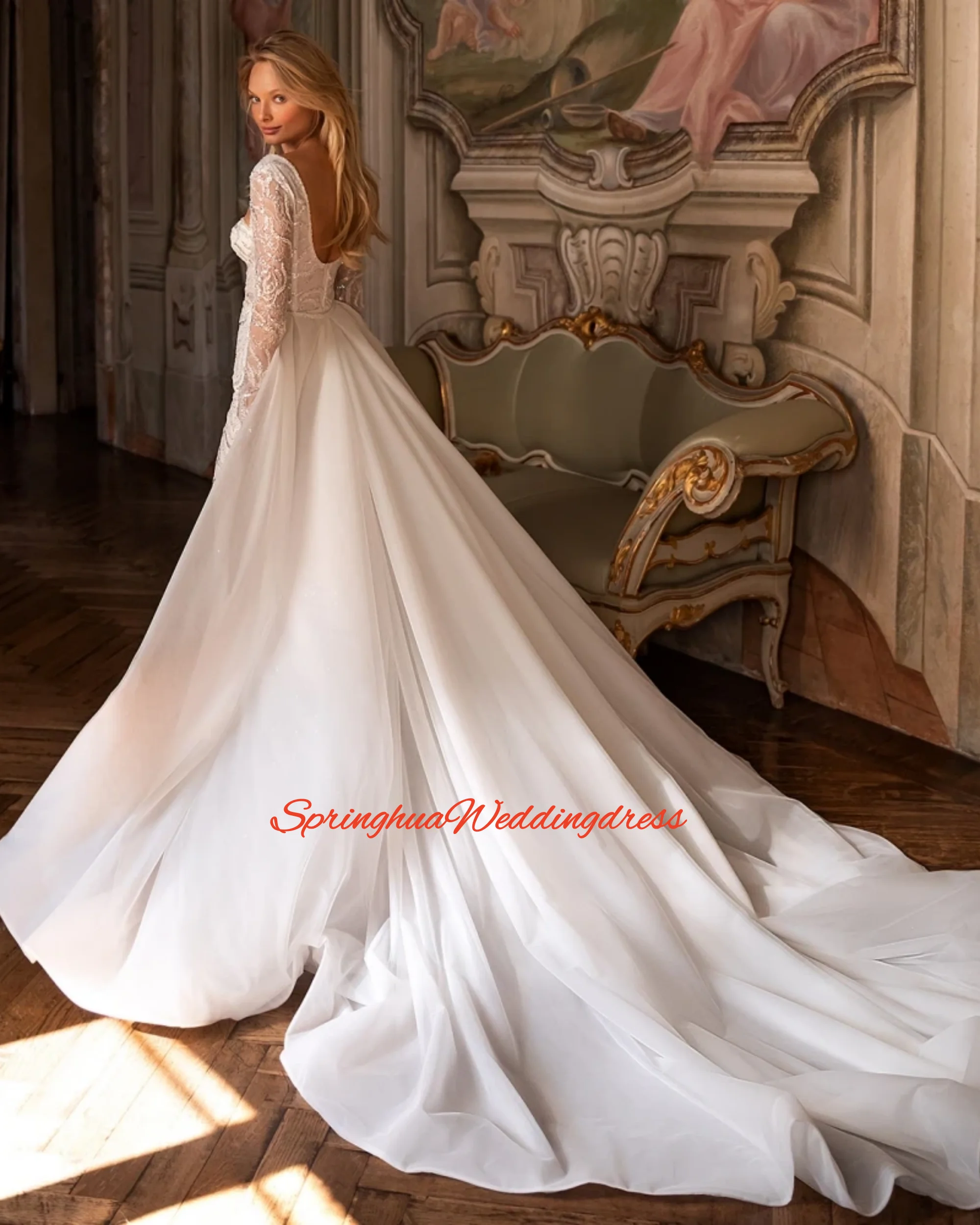 Abiti da sposa a sirena in pizzo a maniche lunghe con colletto quadrato di lusso personalizzati Abiti da sposa a tromba con strascico staccabile con perline squisite