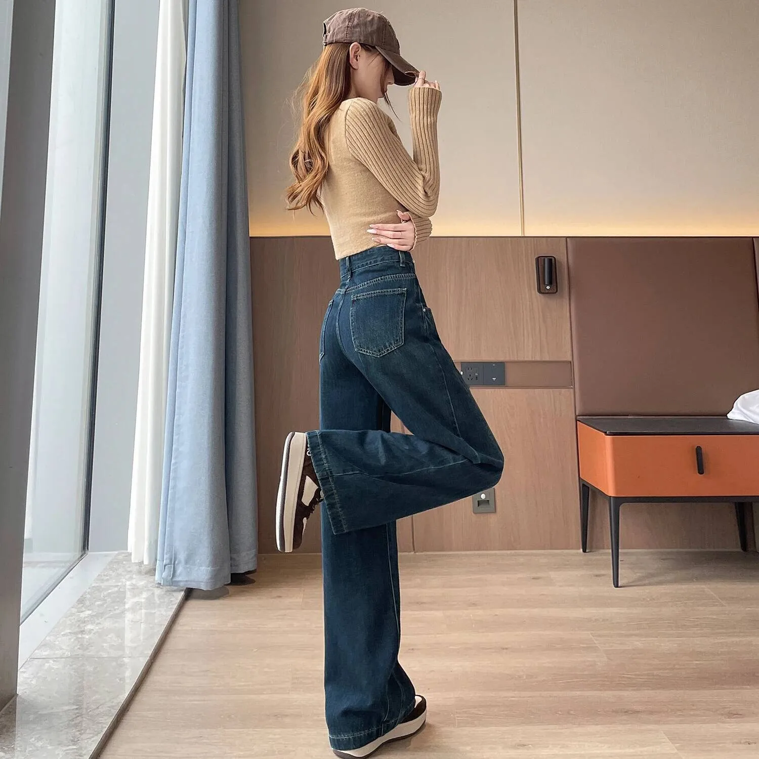 الصوف امرأة الخصر الجينز سيدة الأمريكية شارع العليا السراويل المستقيمة الفتيات أسود رمادي التباين اللون واسعة الساق السراويل