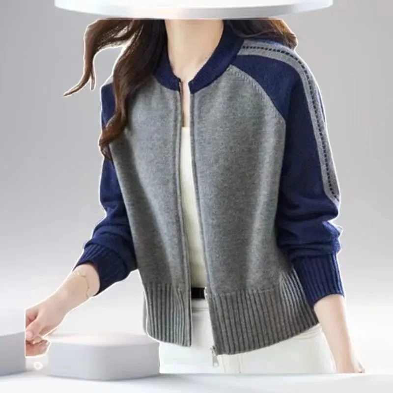 

Korean Female Long Sleeves Knit Jacket 2025 Retro Women Patchwork Knitwear Outwear Autumn Winter Ladies Round Neck Sweater Coat