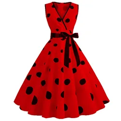 Polka Dot Summer Ladies Dress Vintage Retro With Sleeveless V-Neck Pin up Vestidos Robe Femme Casual A-line Party Dress 2024