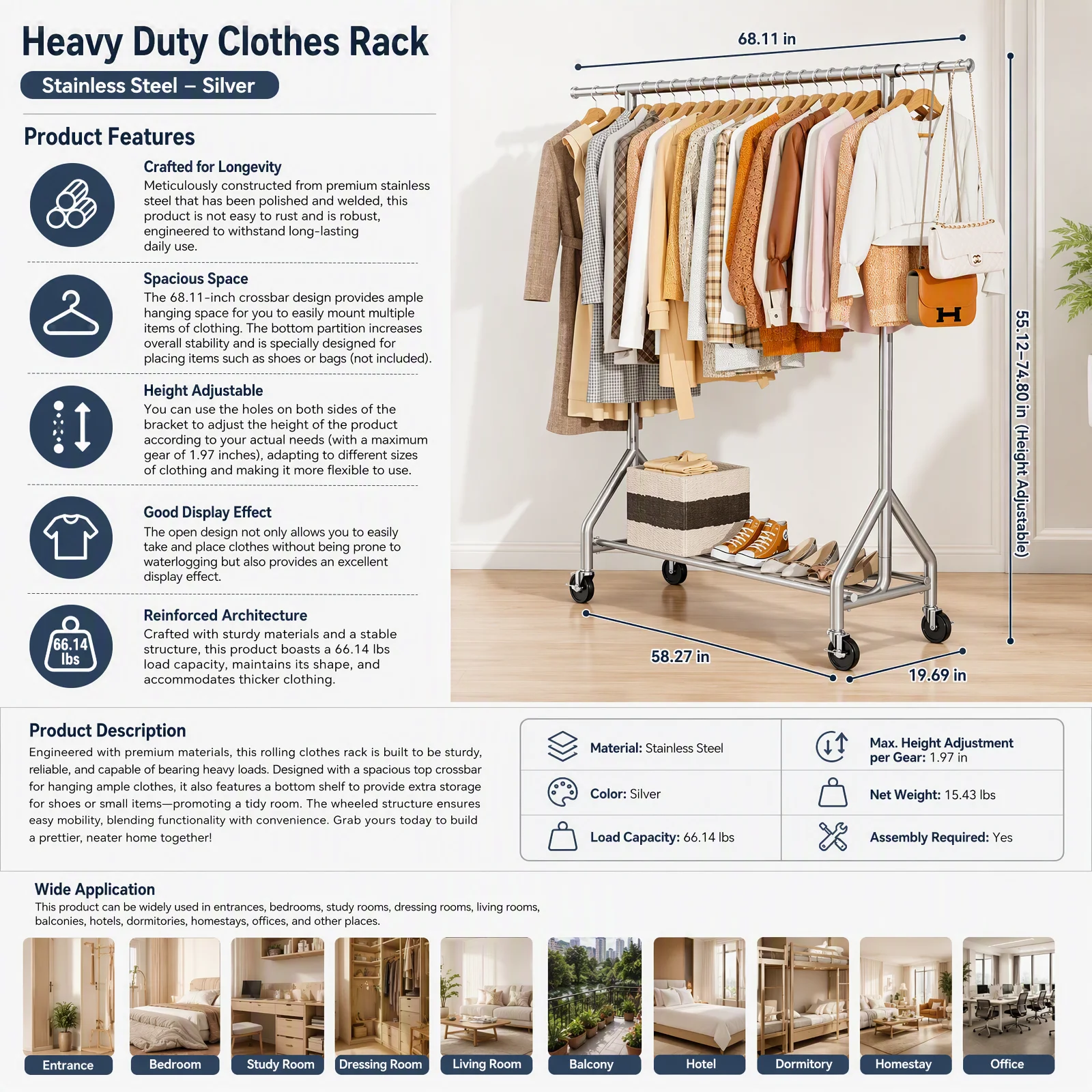 Rolling Clothes Rack Heavy Duty 68.11