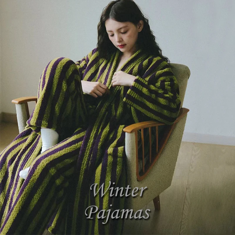 2025 High Class Winter Pajamas Robe Fashion Homewear Warm Comfy Bathrobe Sleepwear Lounge Elegant Violet Green Vintage Colour