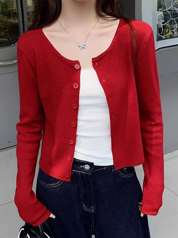 Ankela Red Knitted Open Cardigan Thin Women's Strap Dress Outer Cover Summer Shawl Small Cannon Shoulder Top Coat