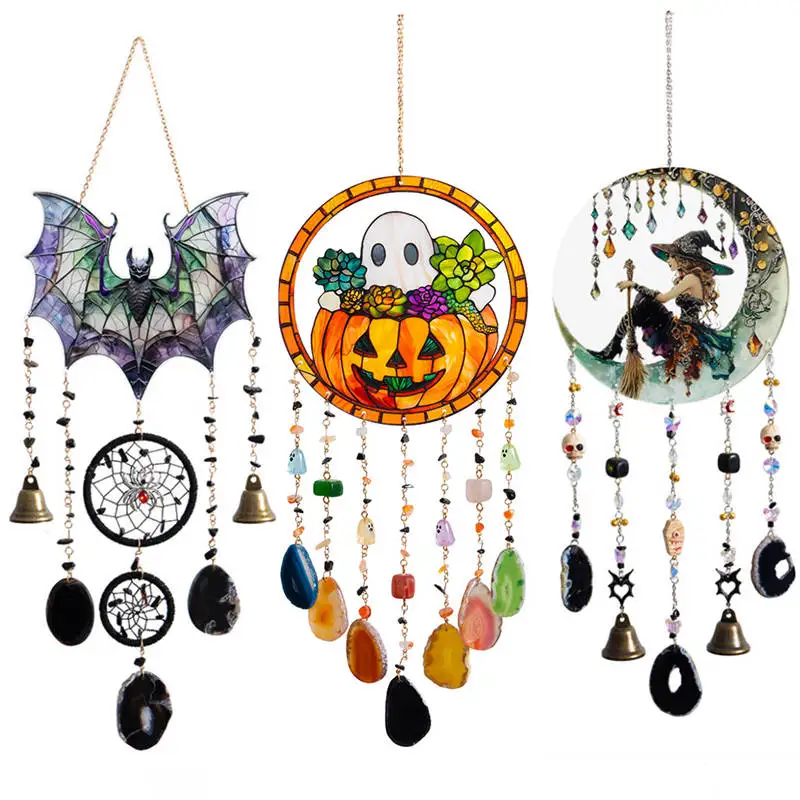 

2025 Halloween Witch Hanging Acrylic Bat Pumpkin Crystal Agate Pendent Sun Catchers Window Decoration Suncatcher Wind Chimes