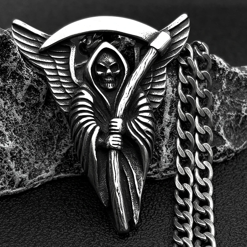 

Goth Grim Reaper Death God Skull Necklace for Men Stainless Steel Thanatos Deadly Sword Chain Necklaces Jewelry Halloween Gift