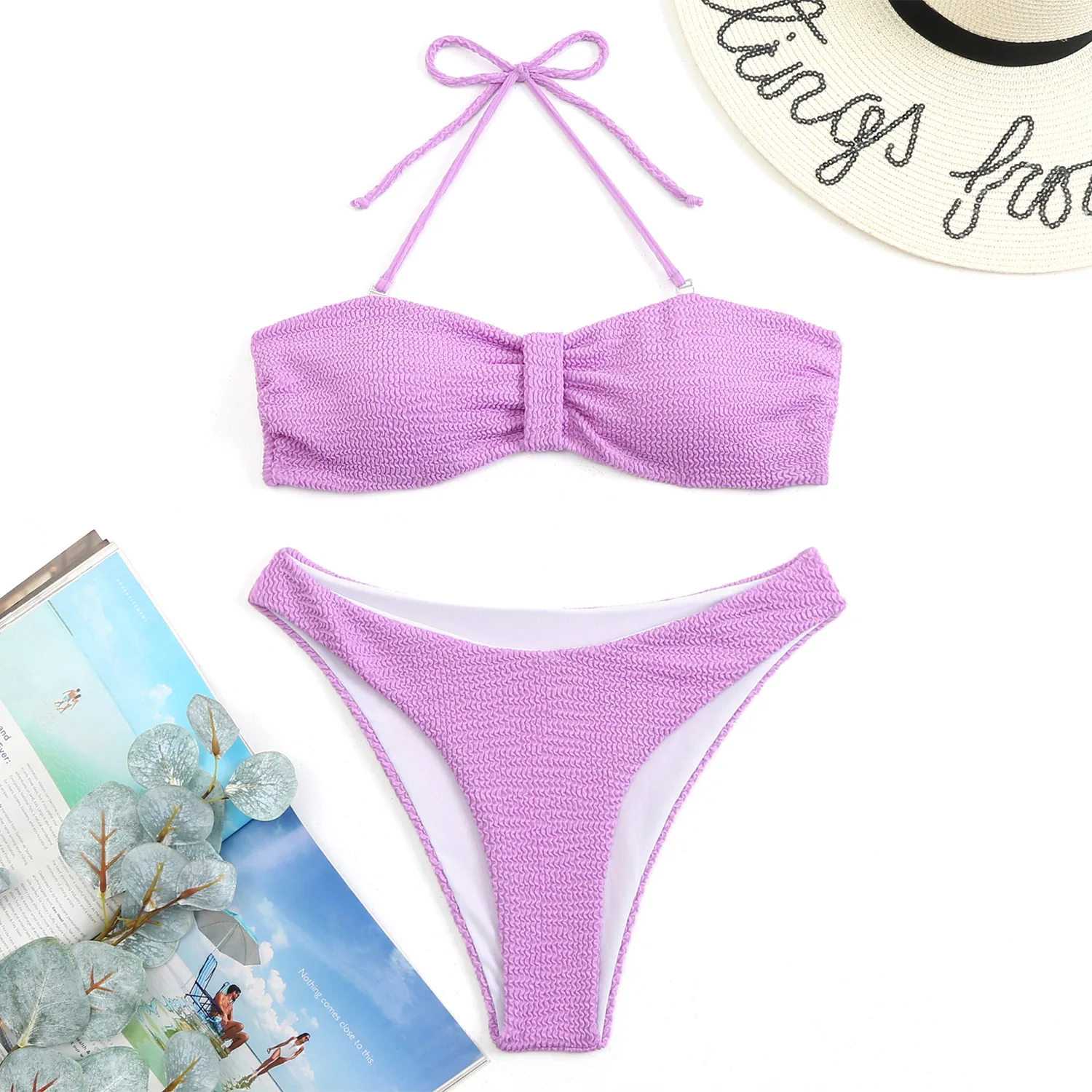 2023 Solid Color Bikini Set Split Women Bandage Backless Swimsuit High Waist Strap Nack Fit Beach Biquine Brasileiro Swimwear