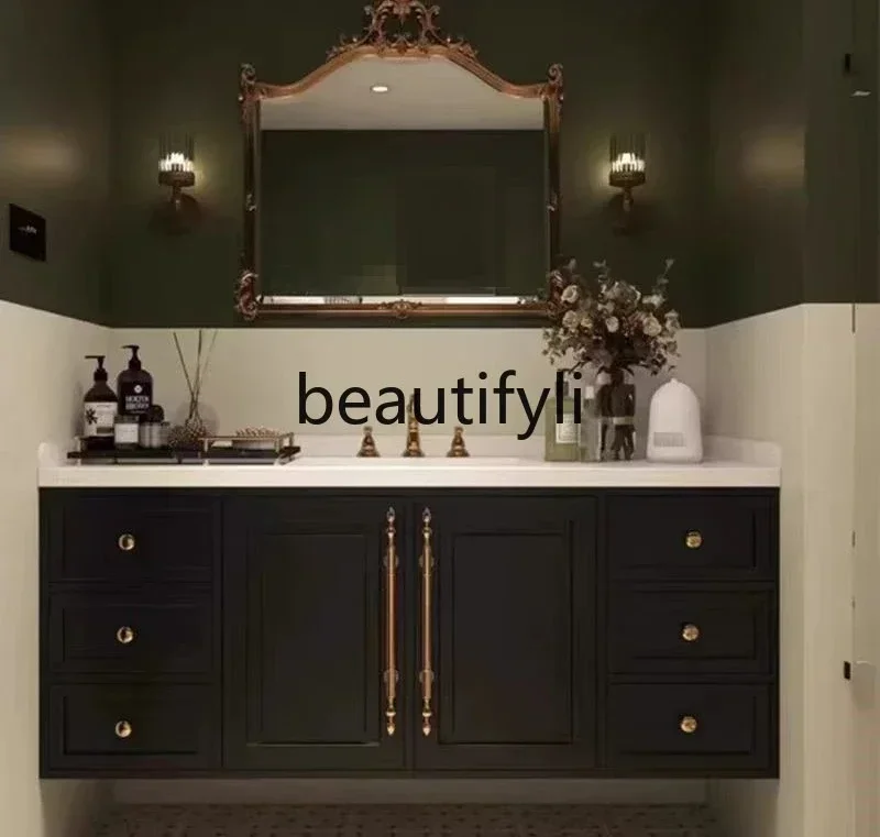 

French retro rock slab bathroom cabinet, American light luxury black solid wood bathroom cabinet, washstand