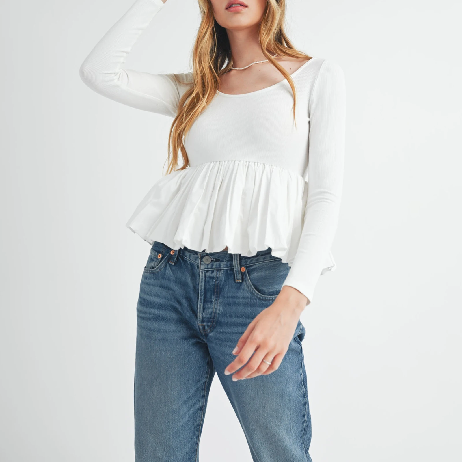 Vrouwen Peplum Tops met lange mouwen Casual effen kleur Verstoorde zoom Basic shirtblouses voor Club Streetwear Esthetische kleding