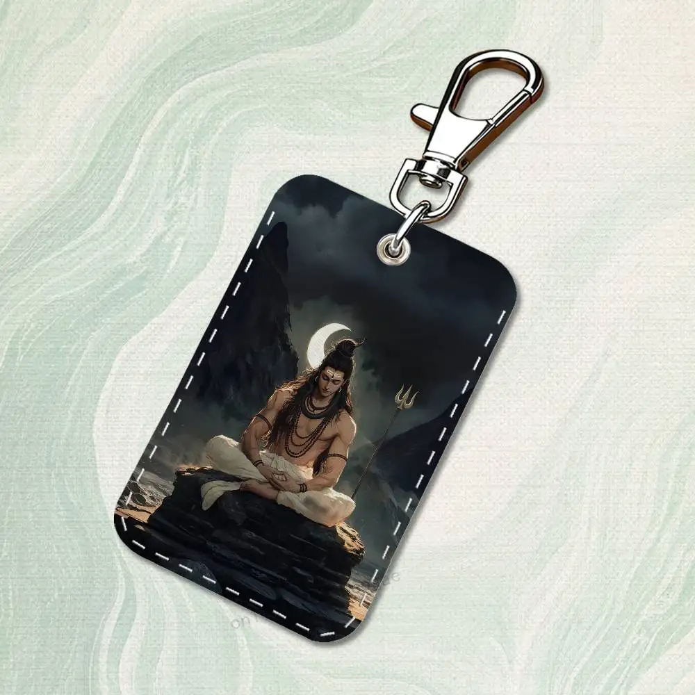India Art Lord Shiva Rectangle Card Case Keychain Access Card Bag Key Tag Ring Leather Card Holder Key Ring Access