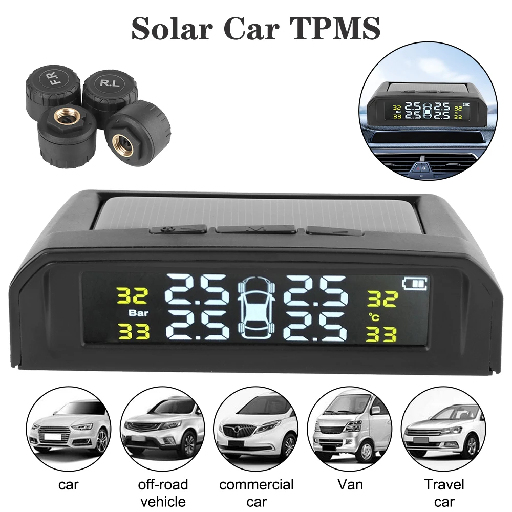 

USB Solar Powered Intelligent Temperature Warning Car TPMS + 4 External Sensors LCD Display Wireless Tire Pressure System