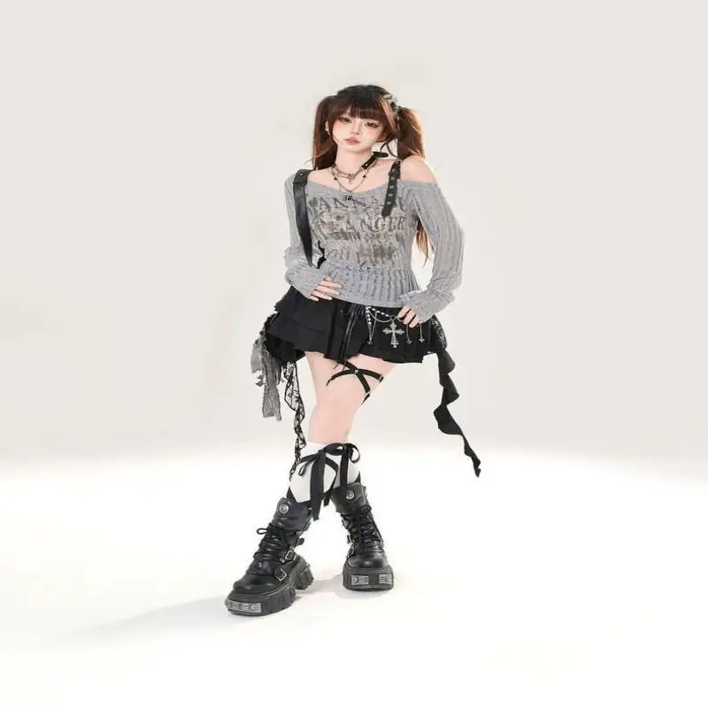 

American Letter Printed Diagonal Shoulder Unique Top, Women's Long Sleeved T-Shirt, Women's New Slim Fit