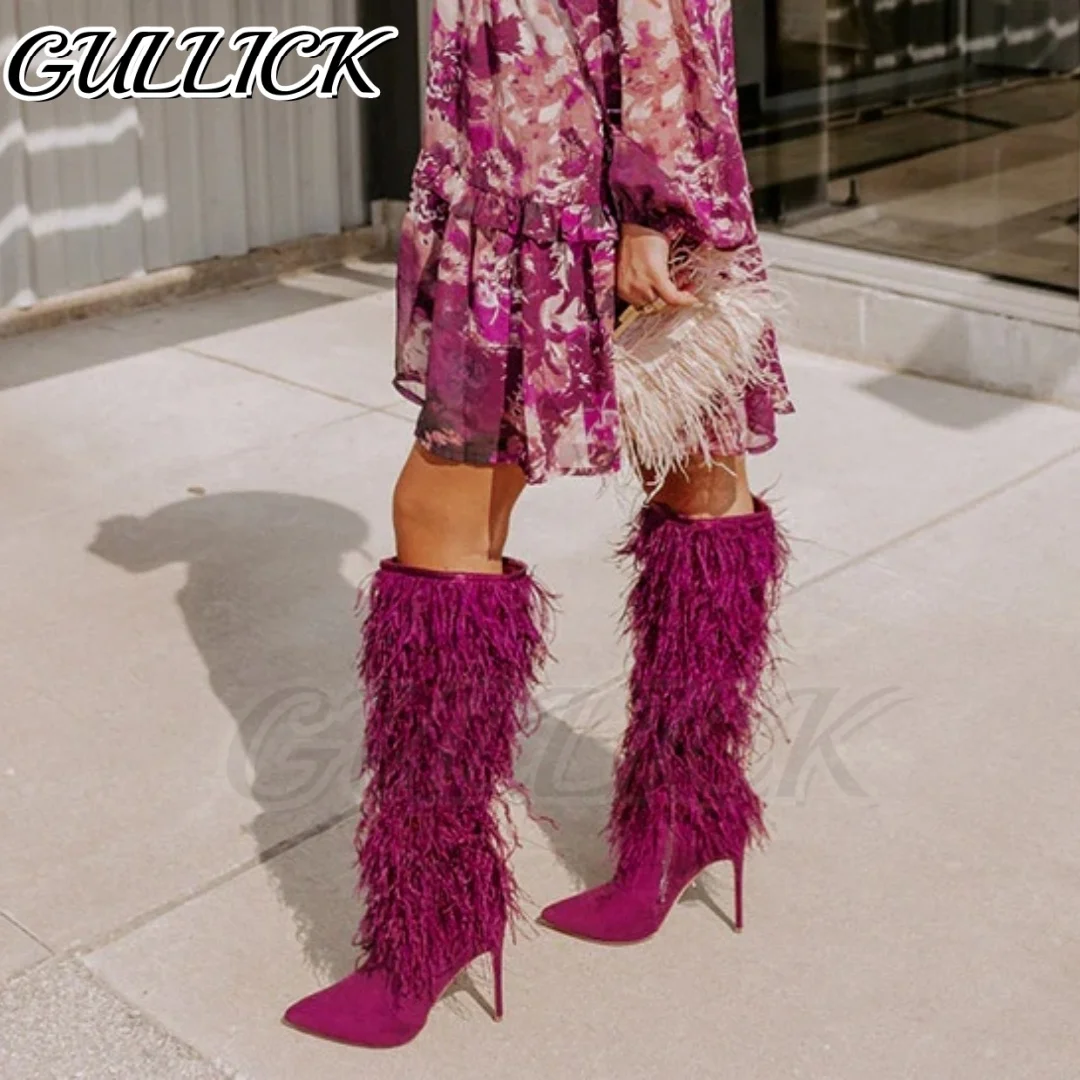 

Сапоги с виноградным фиолетовым мехом, женская роскошная дизайнерская обувь на высоком каблуке с острым носком, осень-зима, сапоги до колена на тонком высоком каблуке, Zapatos