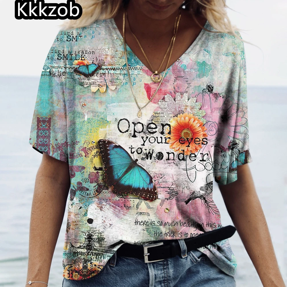 2025 Summer Women's T-Shirt Vintage Butterfly Printcasual Fashion V Neck Pullover Short Sleeve Loose Daily Tops Design Clothing