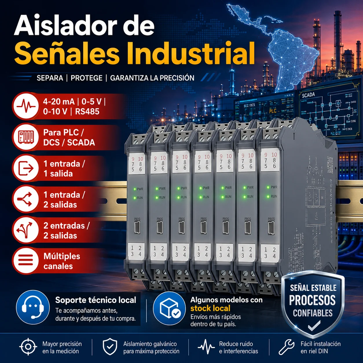 4-20Ma Signal Isolator with 1 or 2 Channels 0-10V Output for Plc Scada Din Rail Current Galvanic Isolator Converter Signal Isolator 4-20Ma to 0-10V 1-5V