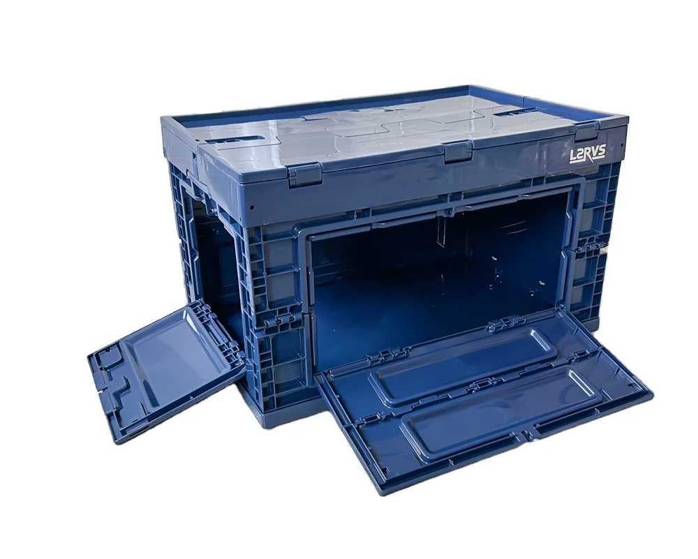 

Promotion Navy Blue 65L Collapsible Box Front Open Camping Home Storage Plastic Folding Storage Crate Box With Attached Lid