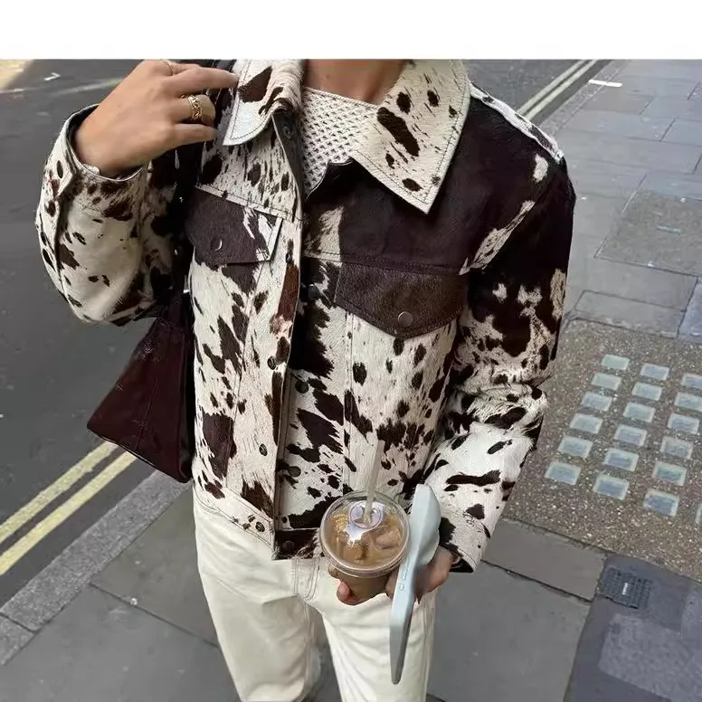 Women's Turn-down Collar Printed Shirt Jacket Coat Women Cow Printed Vintage Denim Jacket Streetwear Casual Cropped Coat 43AD