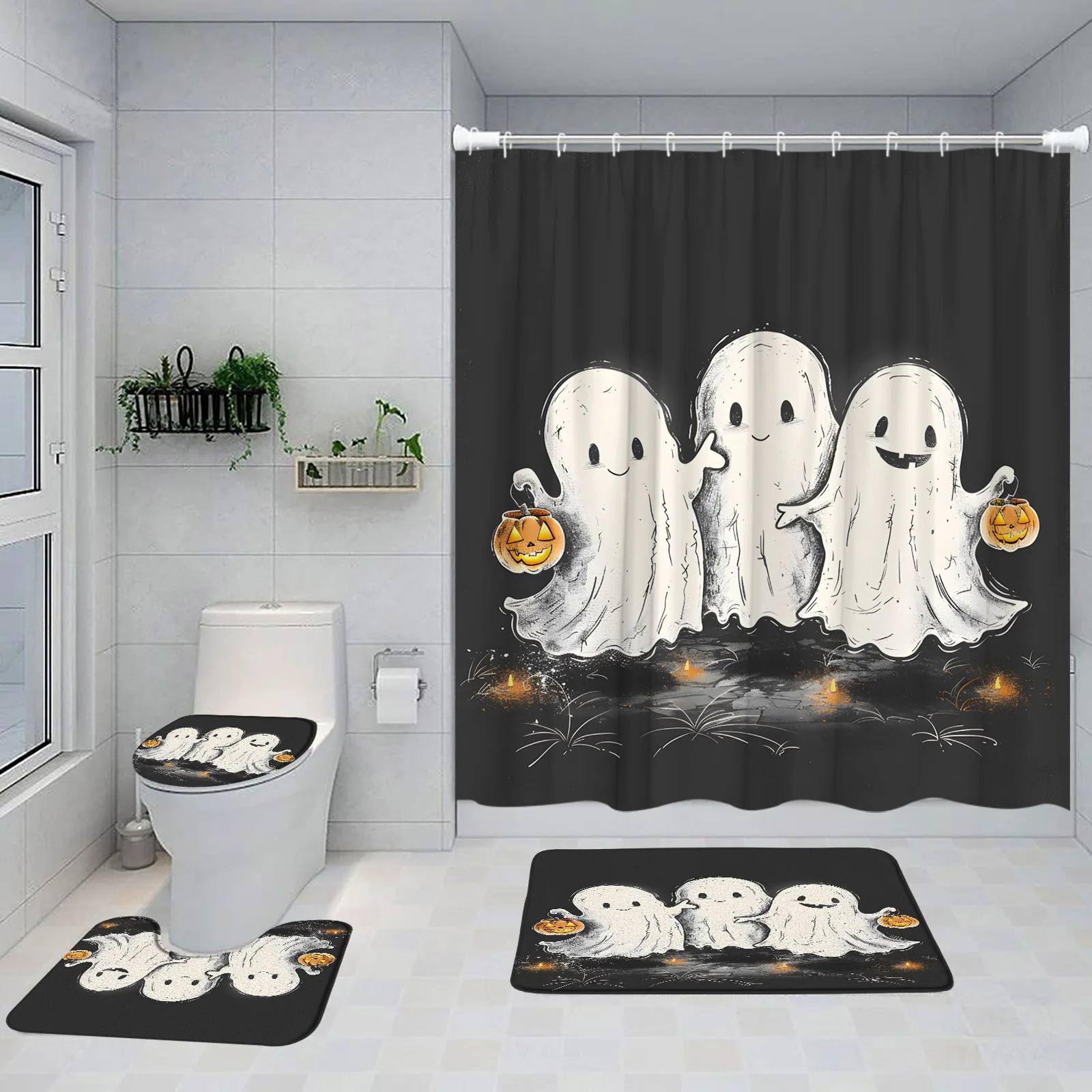 Cute White Ghost Cartoon Shower Curtain Set Happy Halloween Kid Child Bath Decoration Bathtub Rug Home Carpet Toilet Lid Cover