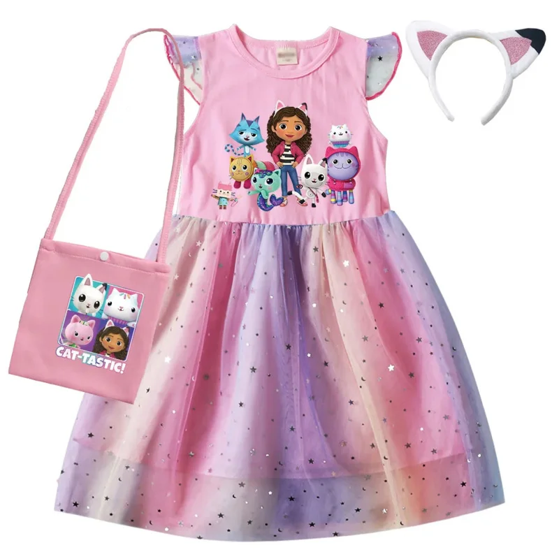 Casa de muñecas de Gabby, vestidos para niñas, ropa de gato Gabby para niños, disfraz de Cosplay, vestido informal con mangas voladoras + diadema + bolsa